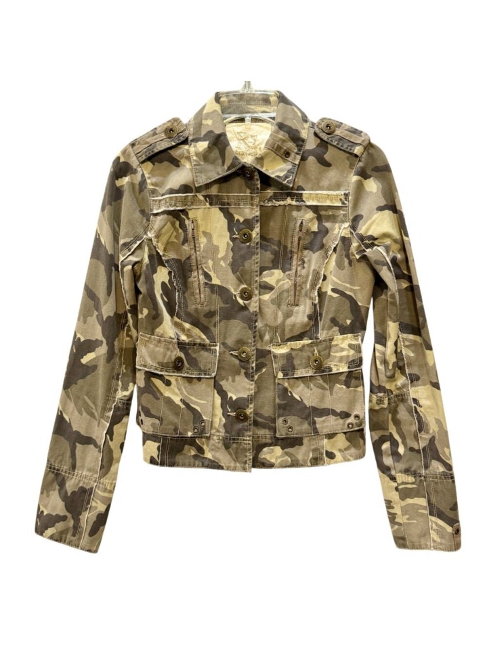 Military-Style River Island Trophy Jacket Epaulets Button-Up Tailored Camouflage - Picture 2 of 13